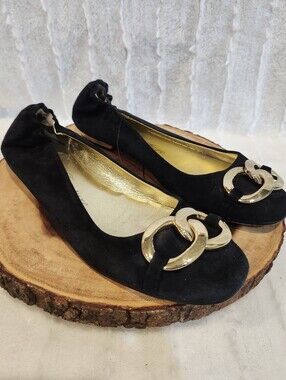 Juicy Couture Black Suede Flats with Gold Chain Detail